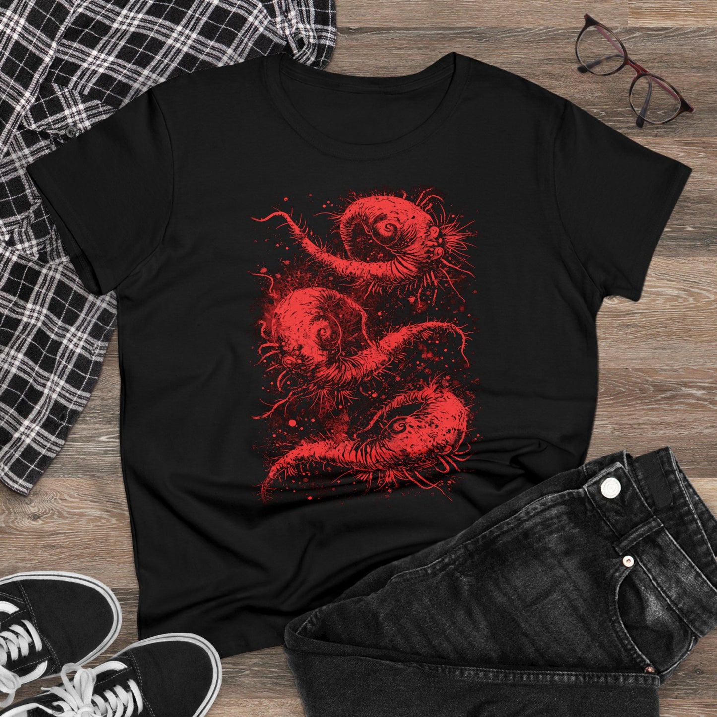 Women's T-shirt Cosmic Worms in Red - Frogos Design