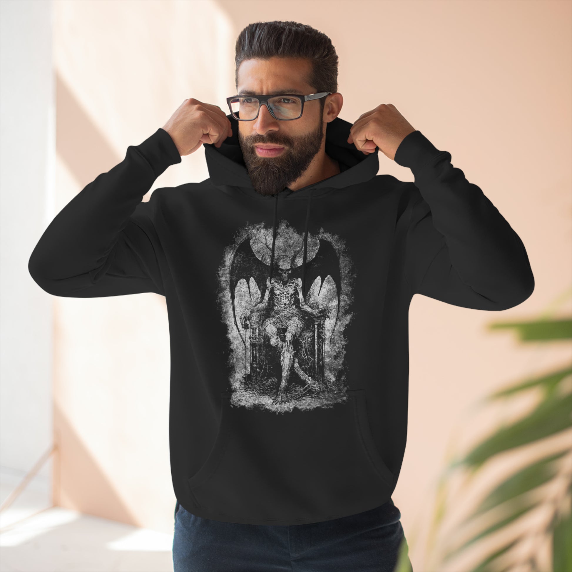 Unisex Pullover Hoodie Devil on his Throne - Grey - Frogos Design