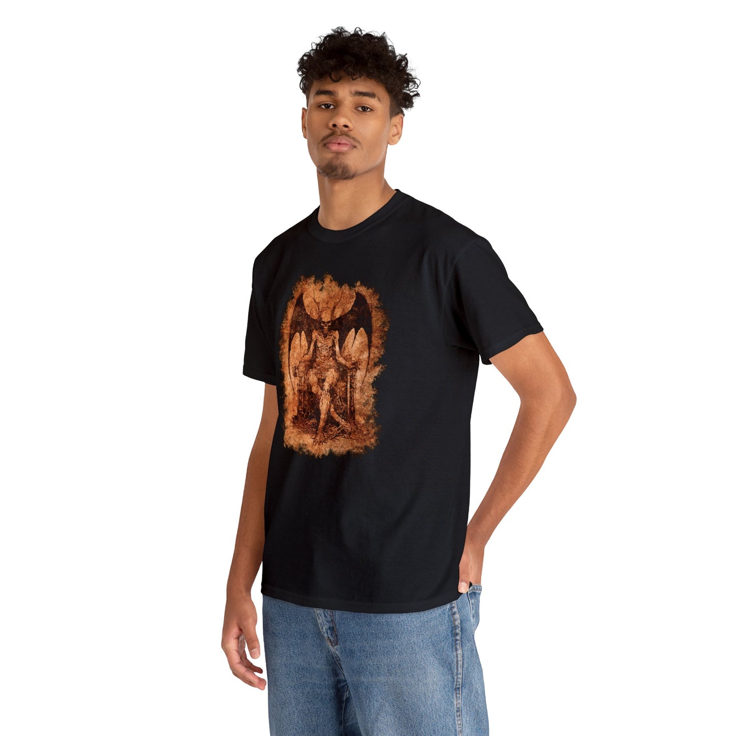 Unisex T-shirt Devil on his Throne in Beige Square - Frogos Design