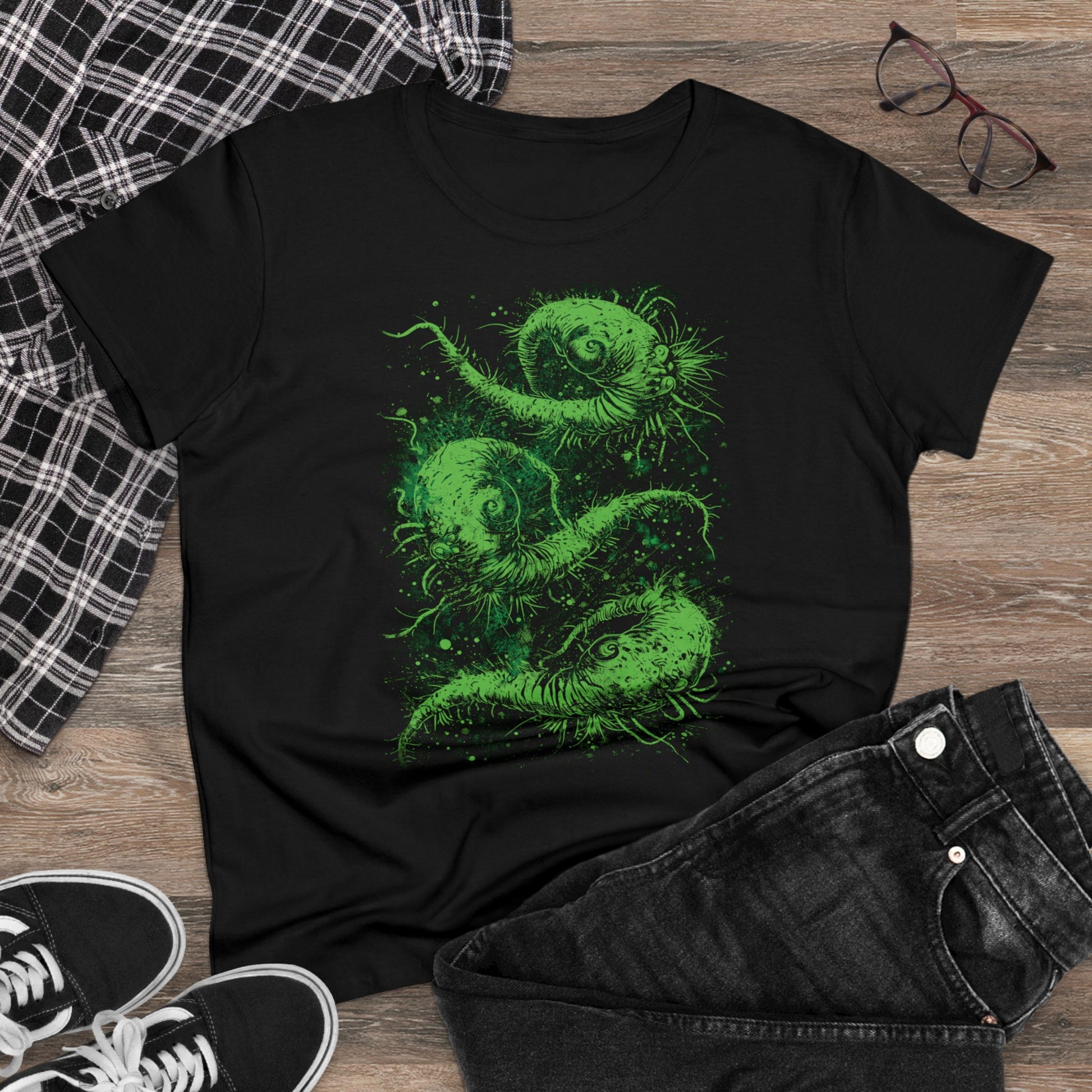 Women's T-shirt Cosmic Worms in Green - Frogos Design