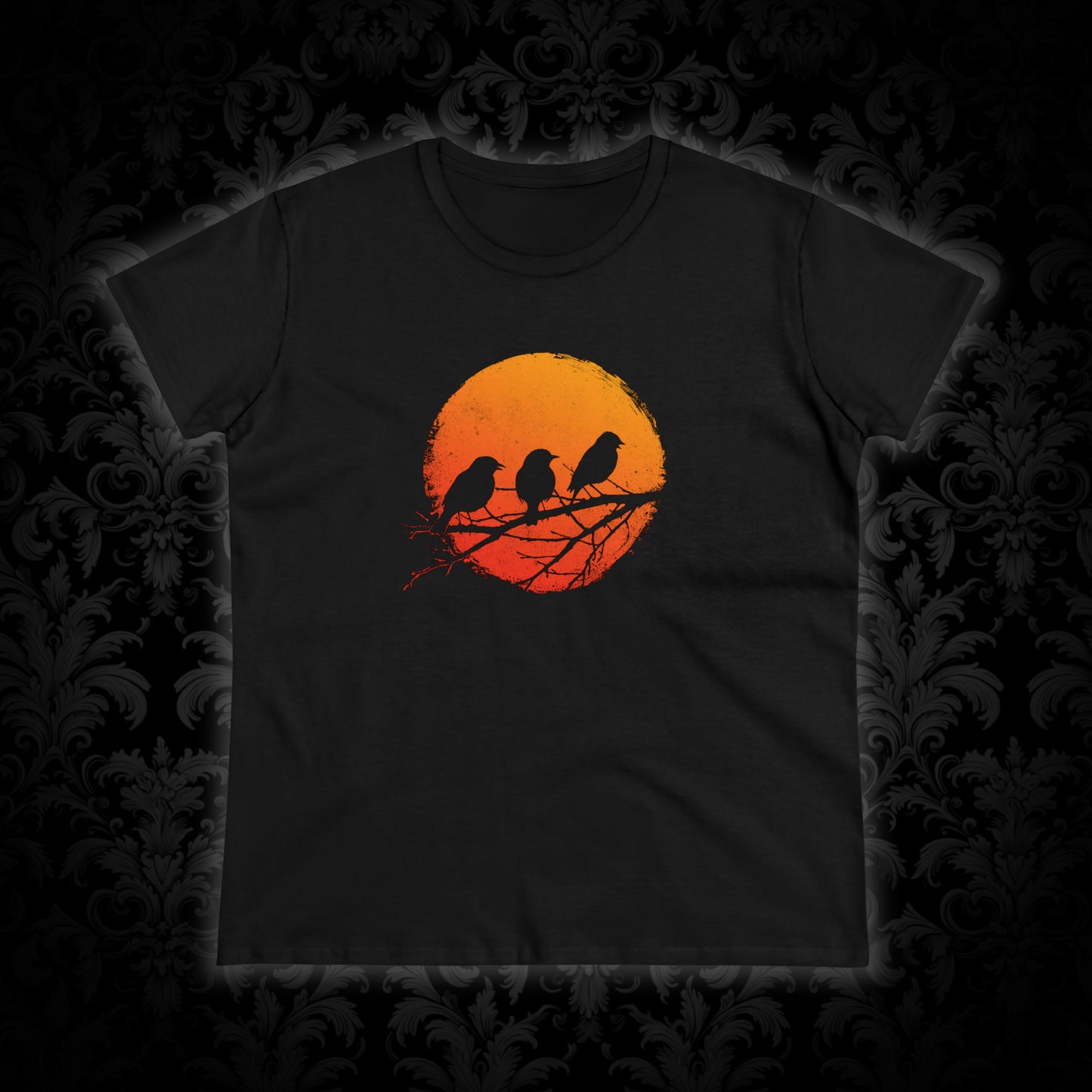 Women's T-shirt Birds in Orange Sun - Frogos Design