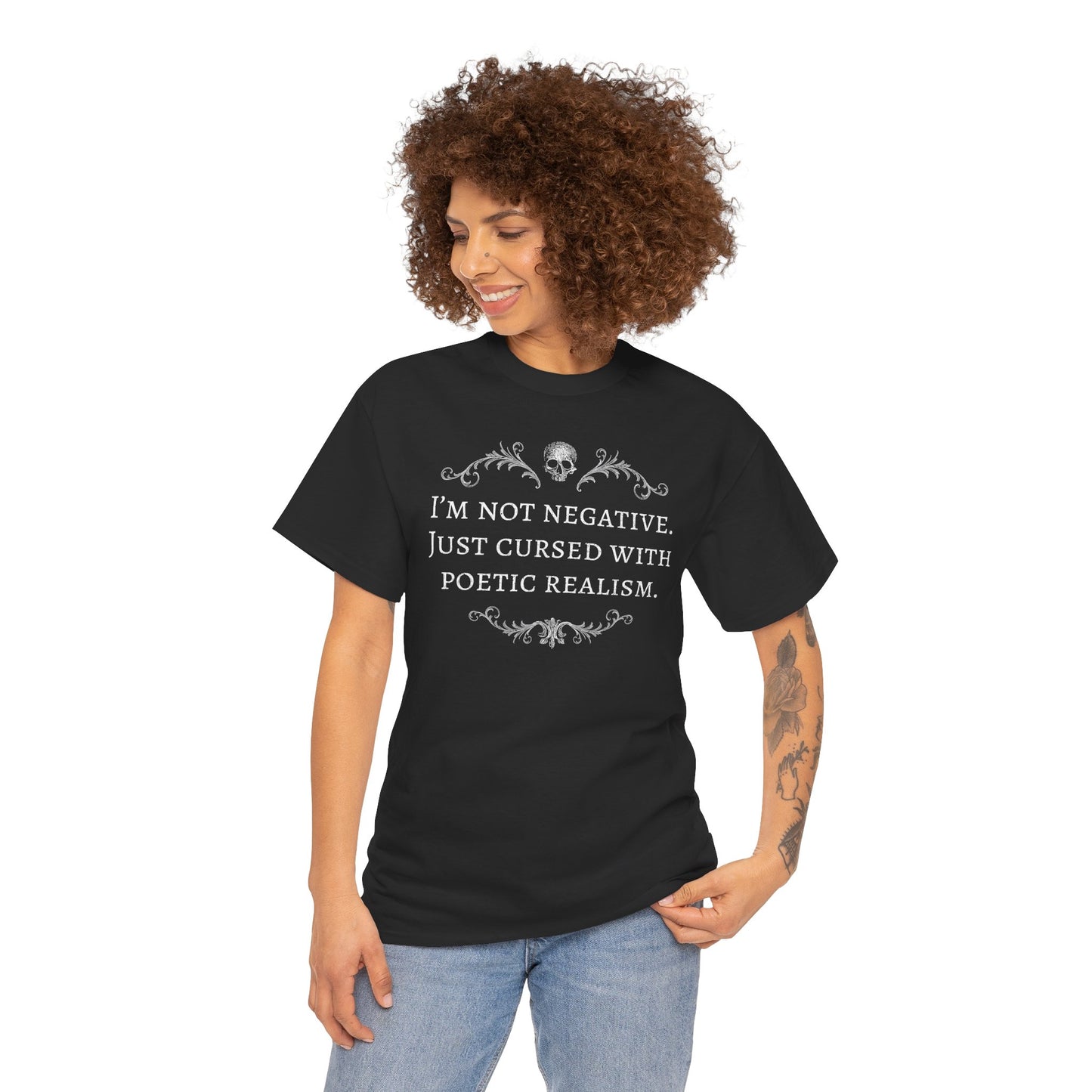 Unisex tričko Cursed with poetics realism v bílé