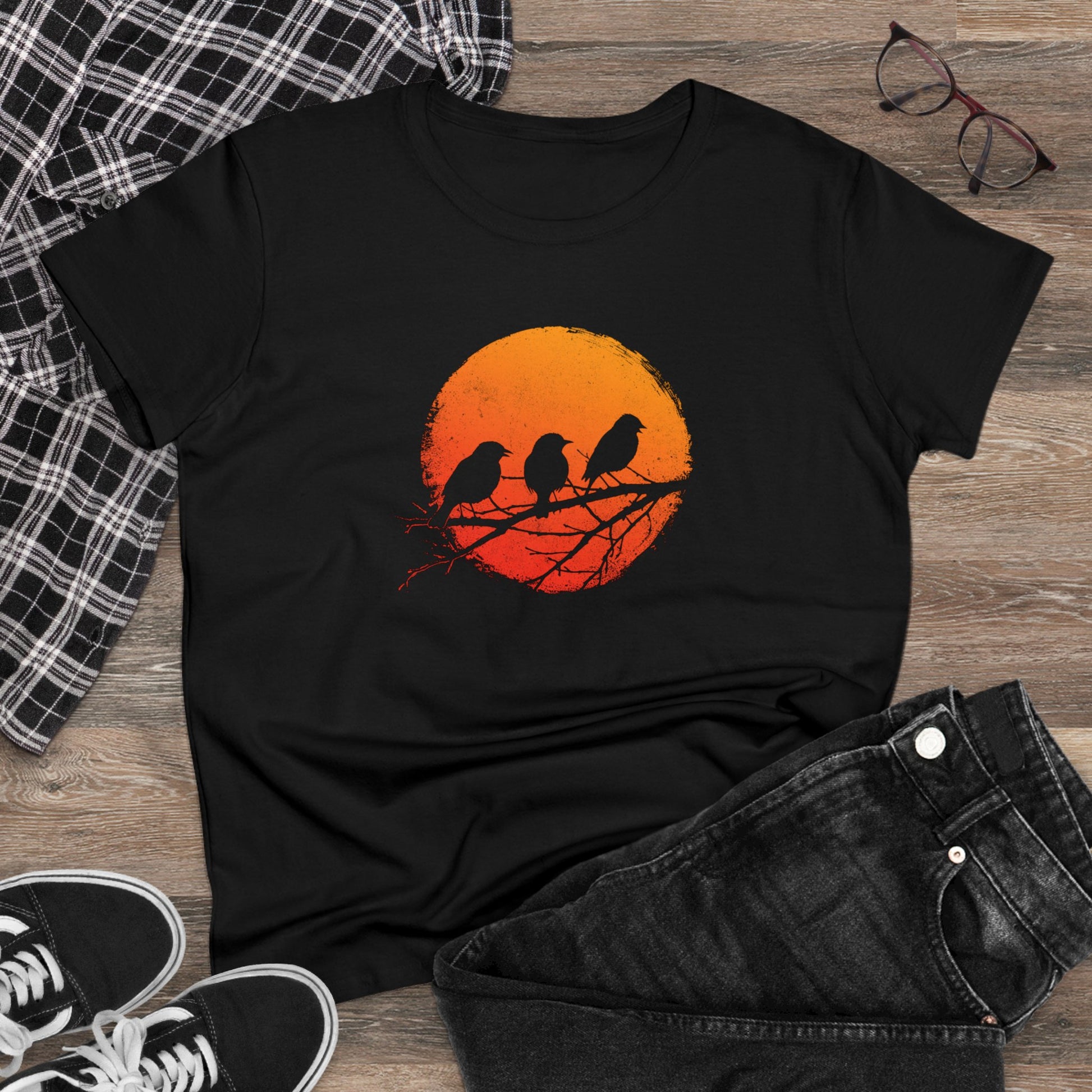 Women's T-shirt Birds in Orange Sun - Frogos Design